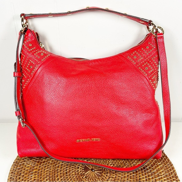 Michael Kors Red Leather Shoulder Bag Studded New Purse Hobo - Picture 1 of 6